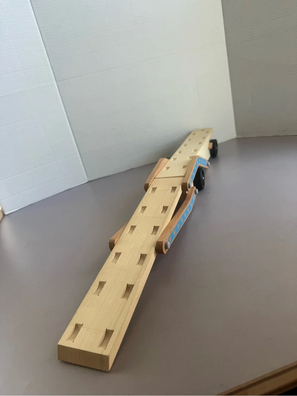 Melissa & Doug Natural Wood Toy Car Carrier with Light Blue Accents